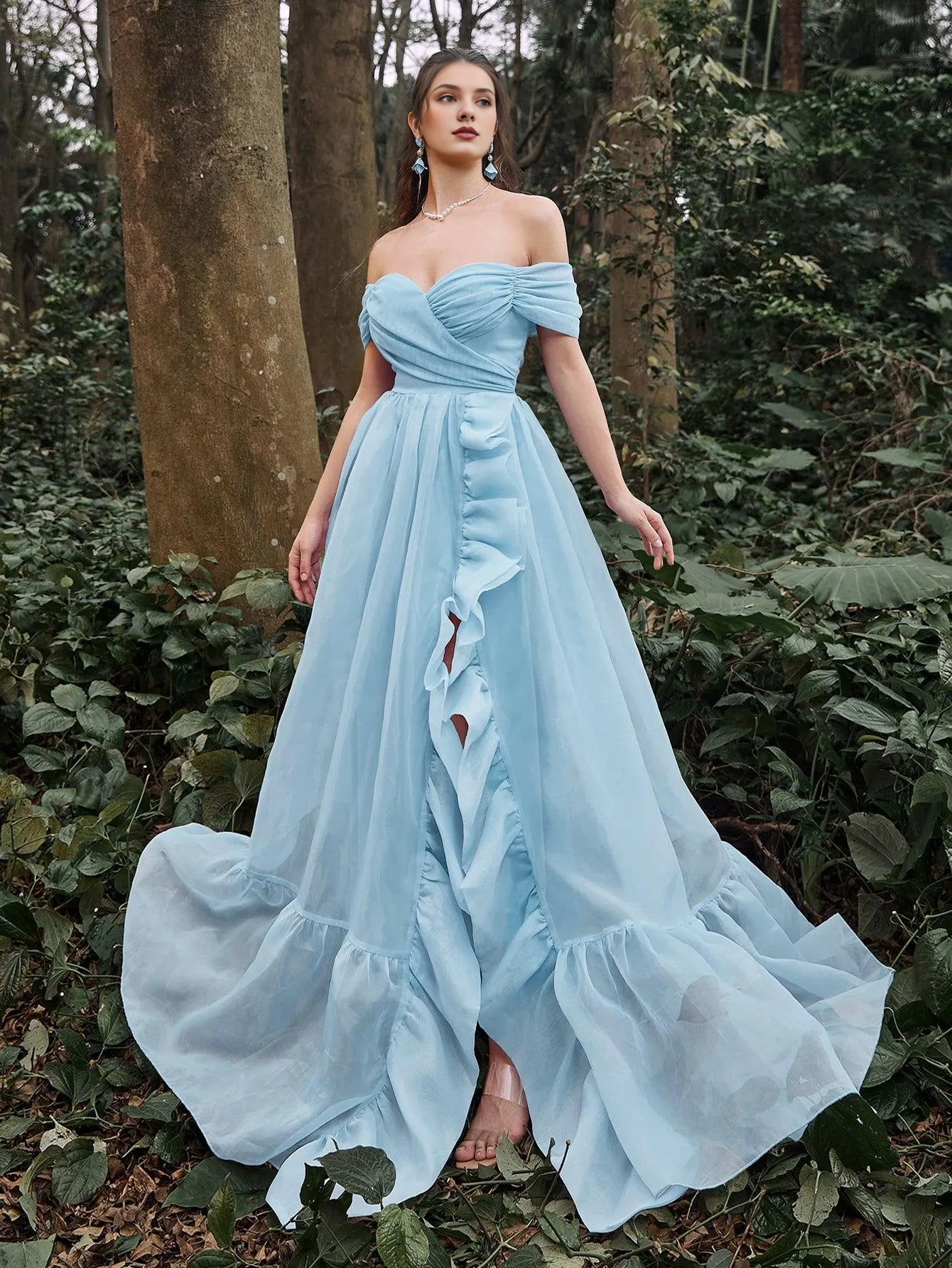 Elegant Evening Dresses/ Off Shoulder Ruffle Trim Split Thigh Prom Dress Evening Dresses/ Evening Dresses For Women